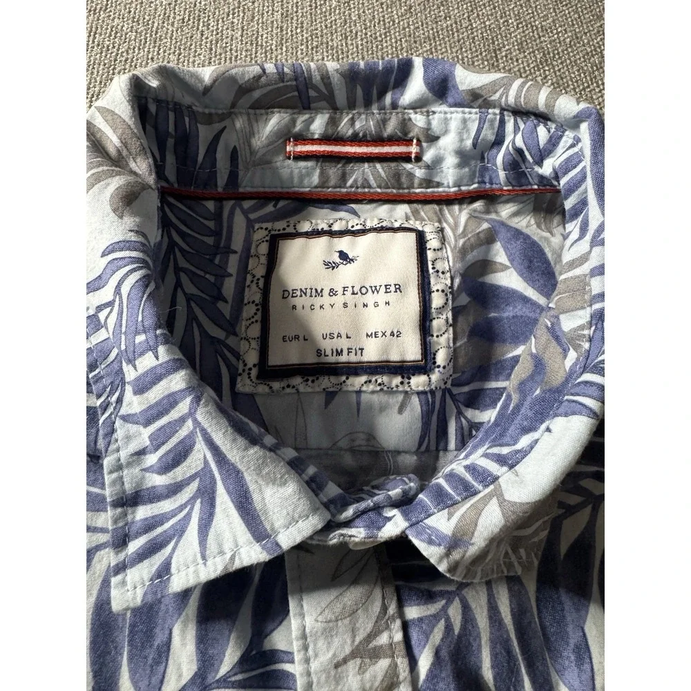 Denim And Flower Ricky Singh Slim Fit Blue And White Palm Leaves Shirt Large‎